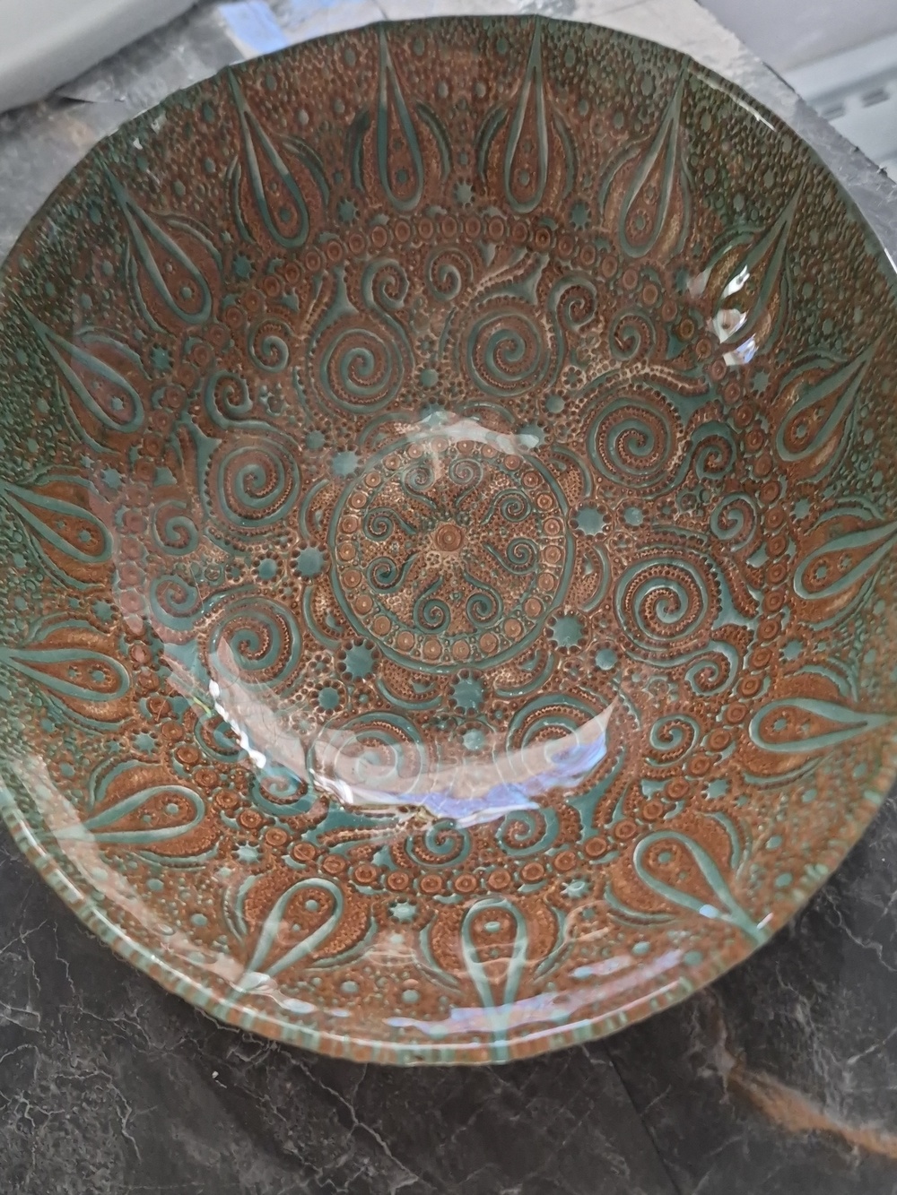 Turkish Topkapi Oval Art Glass Centerpiece turquoise  gold patterned glaze Bowl